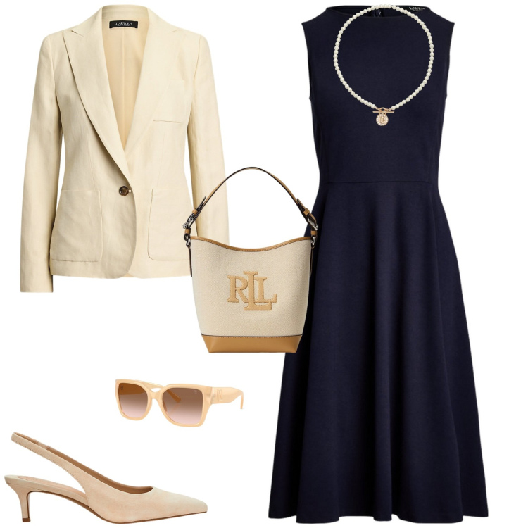 Outfit donna - Total look #2206673. Stile Bon Ton per Tutti i giorni. Abbinamento con ciondoli, décolleté, occhiali da sole, vestiti senza maniche, borse a secchiello, blazer.