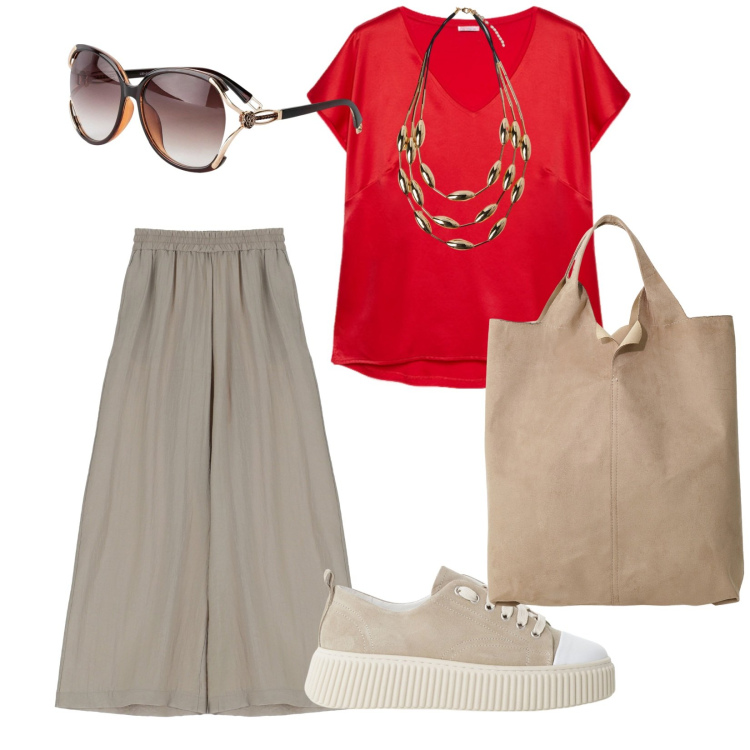 Outfit donna - Una bellissima giornata. per Tutti i giorni. Abbinamento con occhiali da sole, pantaloni, sneakers, shopping bag, t-shirt, collane.