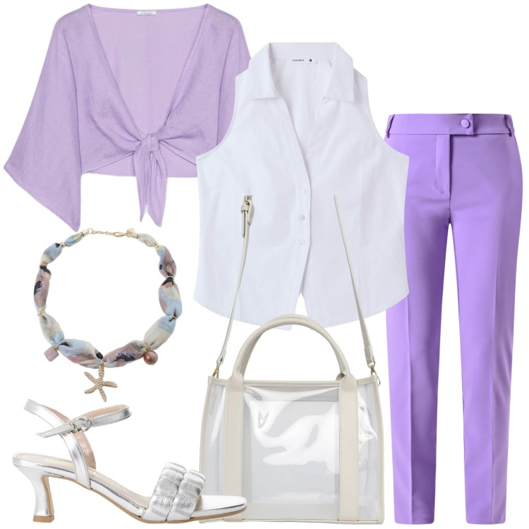 Outfit donna - Luglio al lavoro/ufficio - @tiffany22. Stile Urban per Ufficio. Abbinamento con camicie, borse tote, pantaloni, sandali col tacco, collane, bolero.