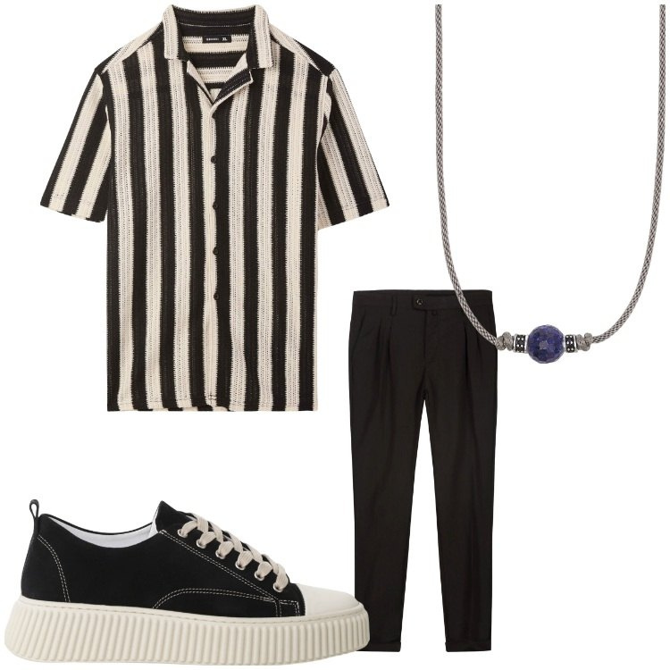Outfit uomo - Serio, ma non troppo. Stile Casual per Tutti i giorni. Abbinamento con camicie a manica corta, collane, sneakers, pantaloni.