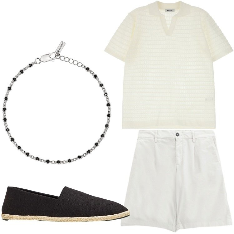 Outfit uomo - Bianco e nero. Stile Casual per Tutti i giorni. Abbinamento con espadrillas, braccialetti, bermuda, polo.