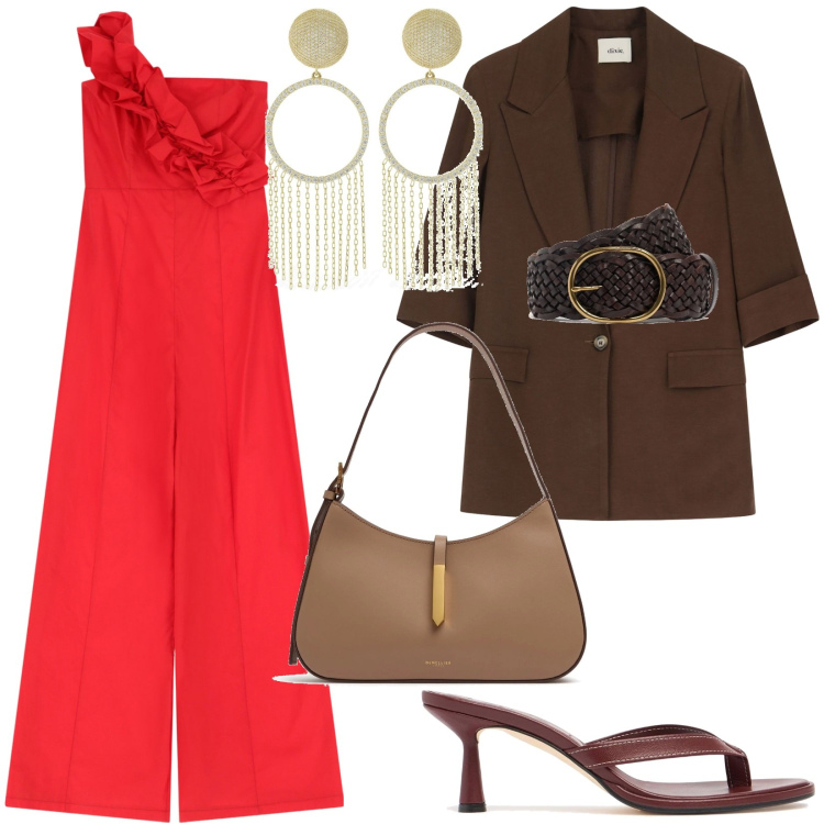 Outfit donna - Cena fuori. per Serata fuori. Abbinamento con tute, blazer, ciabatte, orecchini, borse a spalla, cinture.