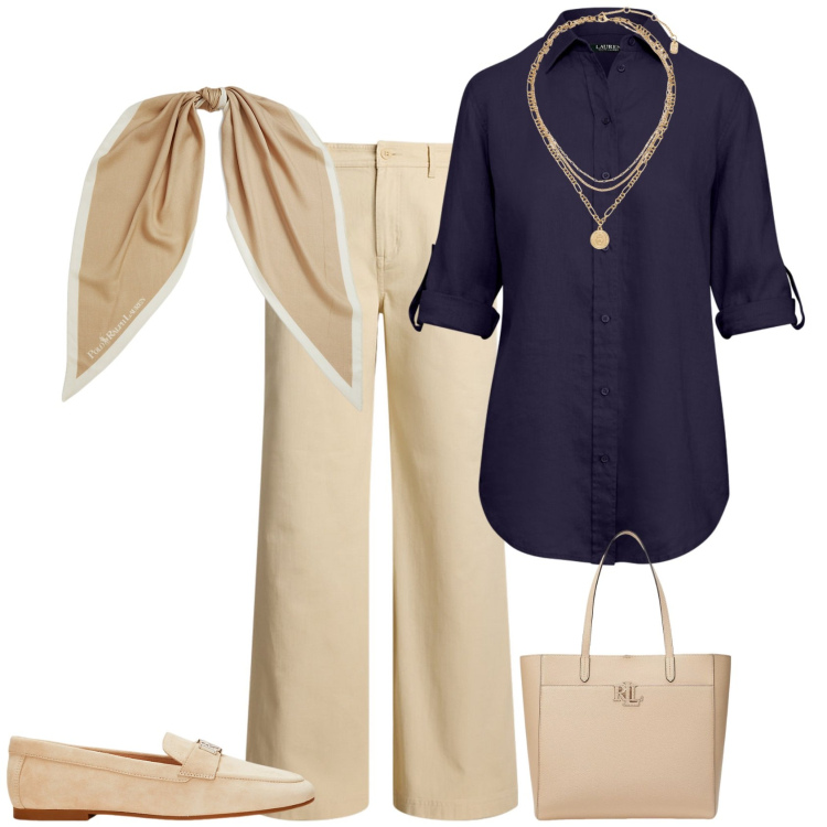 Outfit donna - Total look #2206689. Stile Trendy per Tutti i giorni. Abbinamento con ciondoli, mocassini, foulard, camicie, borse tote, pantaloni.