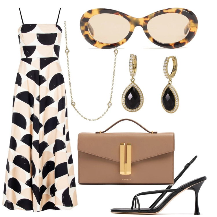 Outfit donna - Io & Matthias. Stile Glamour per Serata fuori. Abbinamento con vestiti midi/longuette, orecchini, collane, sandali in pelle, occhiali da sole, pochette.