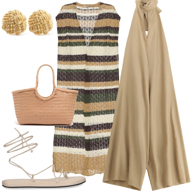 Outfit donna - Serata estiva. Stile Casual chic per Serata fuori. Abbinamento con tute, gilet, shopping bag, sandali in pelle, orecchini.