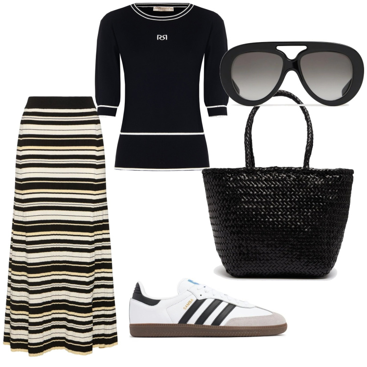 Outfit donna - Di giorno. per Tutti i giorni. Abbinamento con t-shirt, gonne lunghe, borse a secchiello, sneakers, occhiali da sole.