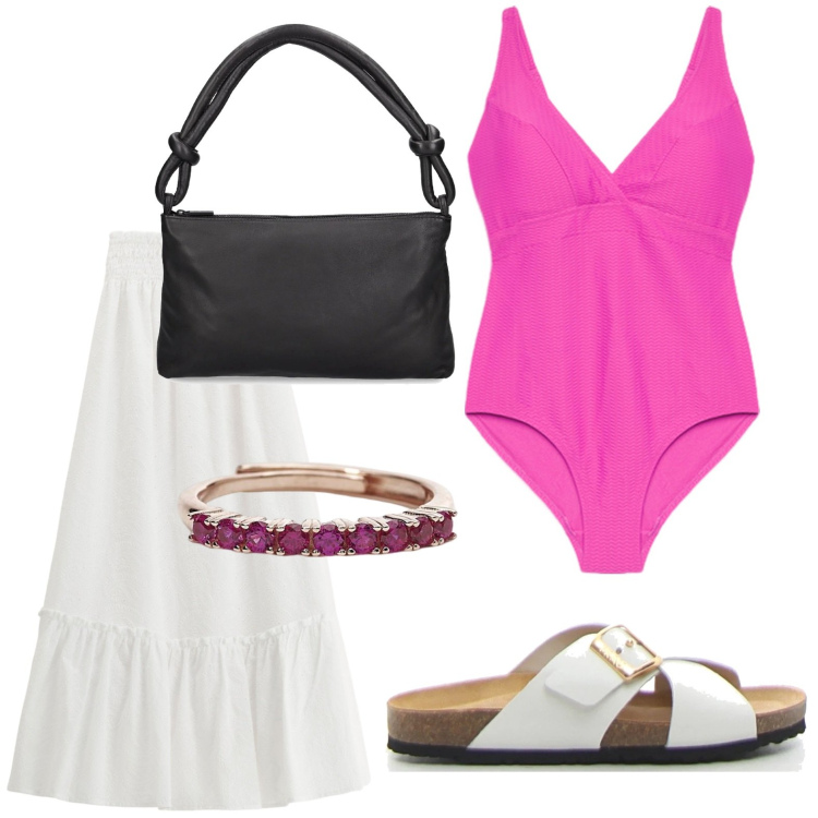 Outfit donna - costume intero - @marystyle. Stile Chic per Mare. Abbinamento con anelli, gonne lunghe, costumi interi, borse a spalla, ciabatte.