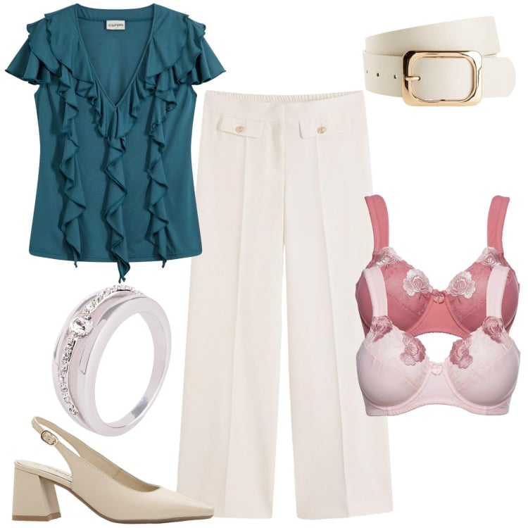 Outfit donna - Bonprix - saldi estivi. Stile Casual chic per Tutti i giorni. Abbinamento con bluse, pantaloni, reggiseni, décolleté, anelli, cinture.
