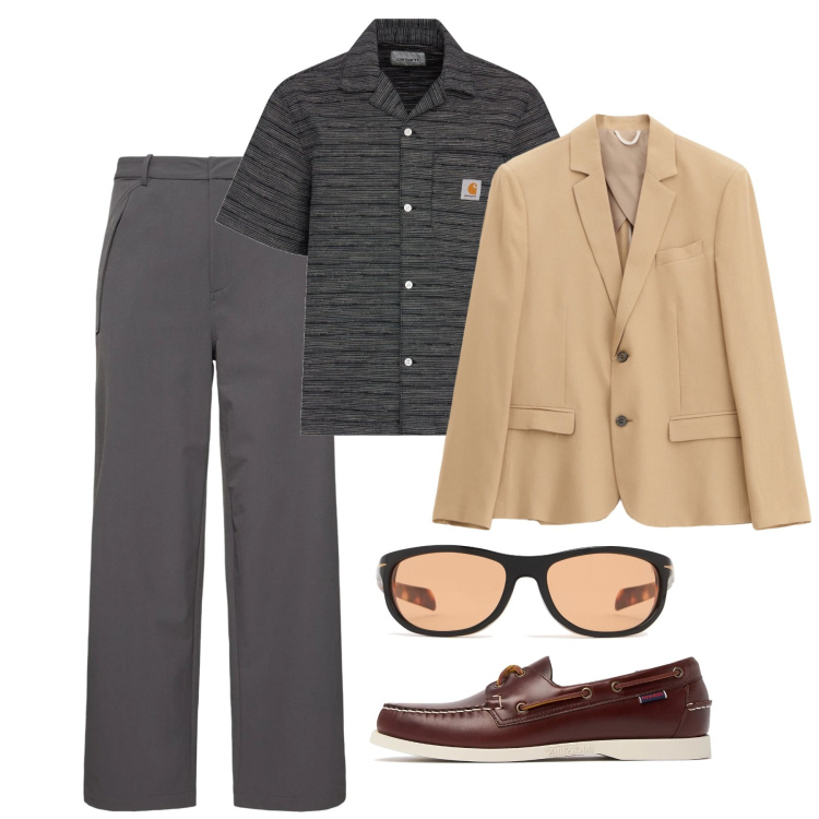 Outfit uomo - Casual raffinato. Stile Casual per Tutti i giorni. Abbinamento con giacche, scarpe stringate, pantaloni, camicie a manica corta, occhiali da sole.