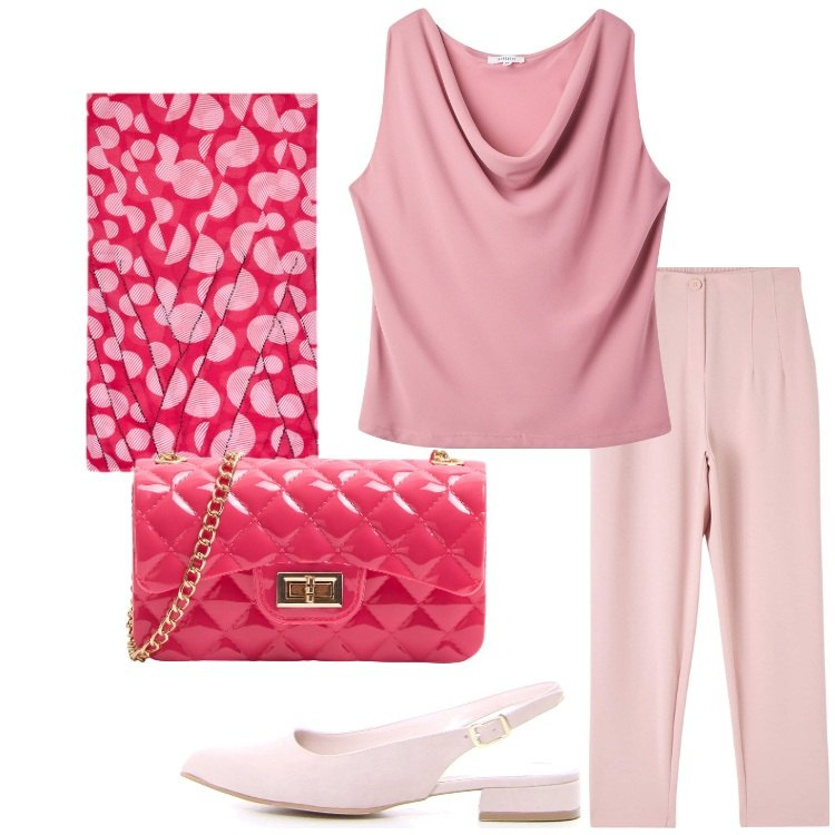 Outfit donna - Outfit monocromatico con twist. Stile Romantica per Serata fuori. Abbinamento con canottiere, pantaloni chino, borse a tracolla, stole, décolleté.