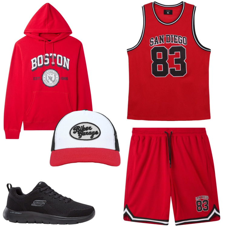 Outfit uomo - Al campetto da basket. Stile Casual per Sport. Abbinamento con sneakers, cappelli con visiera, t-shirt sportive, pantaloncini sportivi, felpe con cappuccio.
