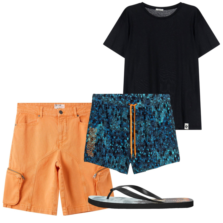 Outfit uomo - Al mare. Stile Casual per Mare. Abbinamento con costumi, pantaloni corti, sandali, t-shirt.