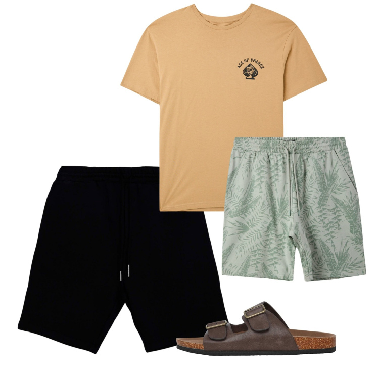 Outfit uomo - Luglio. Stile Casual per Tutti i giorni. Abbinamento con costumi, pantaloni corti, t-shirt, sandali.
