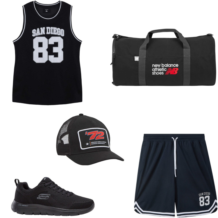 Outfit uomo - Al campetto da basket. Stile Casual per Sport. Abbinamento con sneakers, cappelli, t-shirt sportive, pantaloncini sportivi, borse sportive.