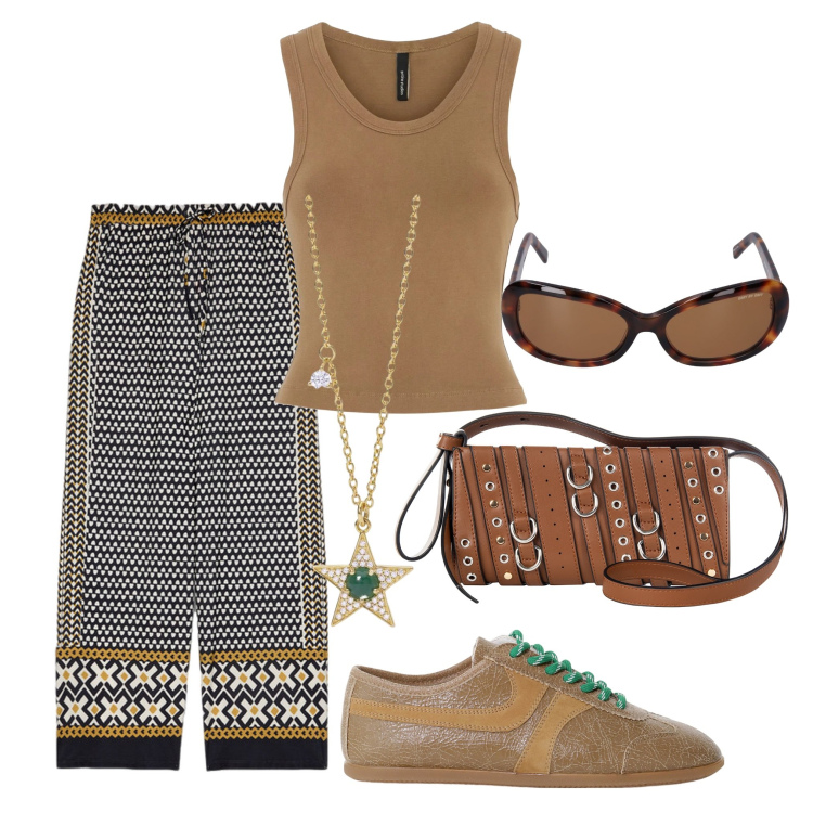 Outfit donna - Al parco. Stile Casual per Tutti i giorni. Abbinamento con collane, borse a spalla, sneakers, pantaloni, occhiali da sole, canottiere.
