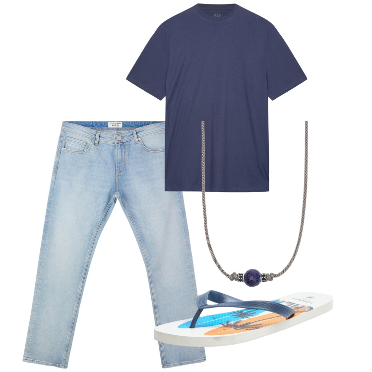 Outfit uomo - Luglio. Stile Casual per Tutti i giorni. Abbinamento con sandali, jeans, collane, t-shirt.