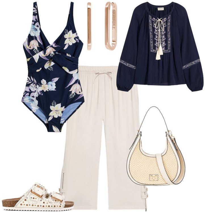 Outfit donna - Total look #2206744. Stile Boho per Mare. Abbinamento con costumi interi, bluse, orecchini, borse a mano, pantaloni, sandali.