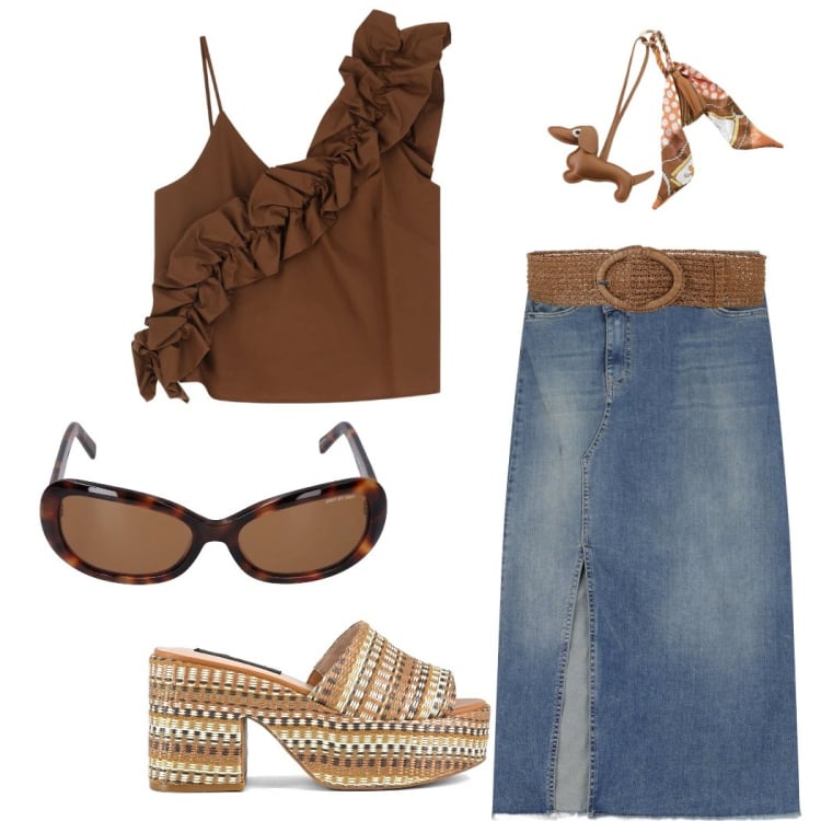 Outfit donna - Accessori in primo piano. Stile Casual chic per Tutti i giorni. Abbinamento con cinture, gonne longuette, top, portachiavi, zeppe, occhiali da sole.