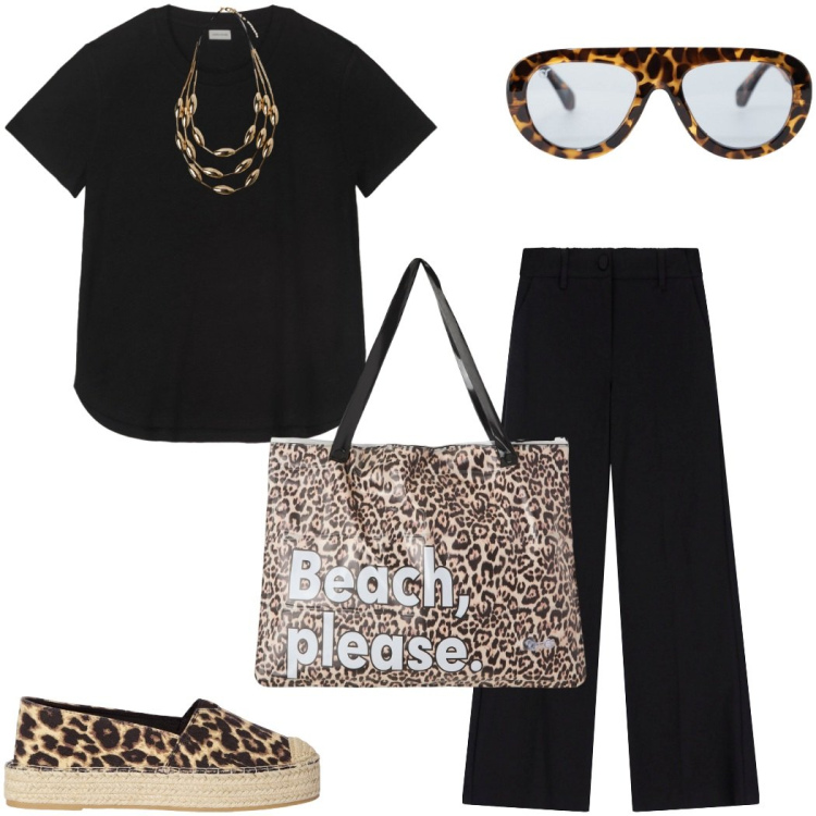 Outfit donna - Accessori in primo piano. Stile Glamour per Tutti i giorni. Abbinamento con espadrillas, borse tote, occhiali da sole, pantaloni, t-shirt, collane.