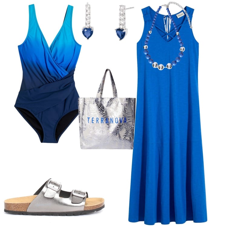 Outfit donna - Total look #2206749. Stile Casual chic per Mare. Abbinamento con vestiti lunghi, costumi interi, borse tote, orecchini, collane, ciabatte.
