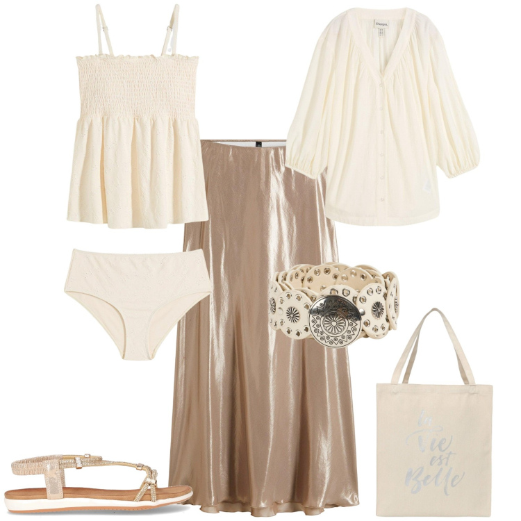 Outfit donna - Total look #2206752. Stile Glamour per Mare. Abbinamento con camicie, gonne longuette, costumi interi, cinture, borse tote, sandali in pelle.