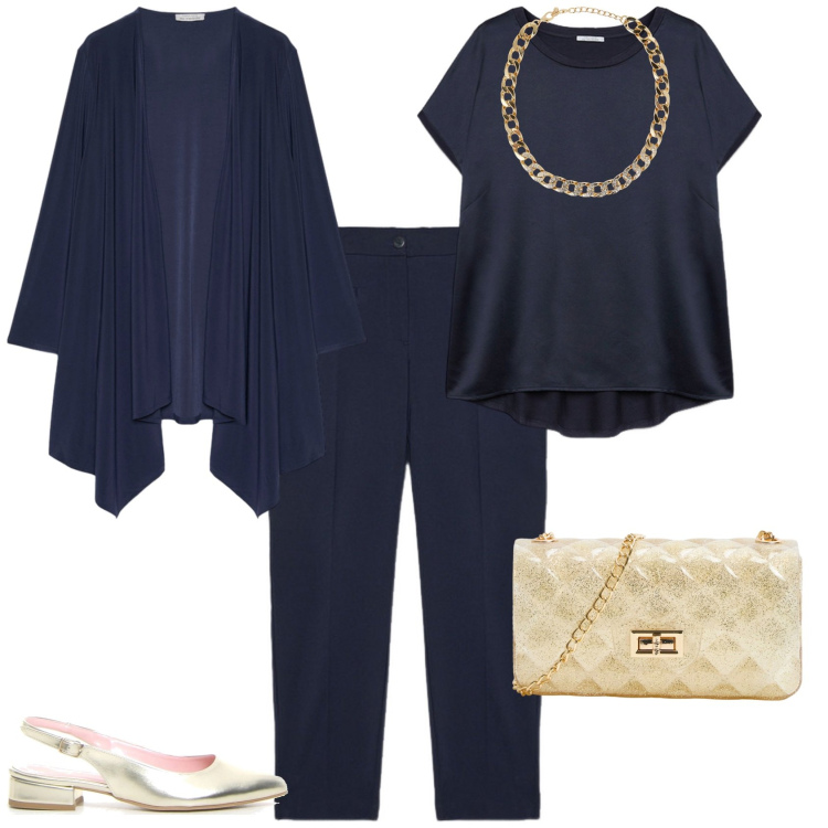 Outfit donna - Total look #2206753. Stile Chic per Serata fuori. Abbinamento con borse a tracolla, collane, t-shirt, pantaloni, blazer, décolleté.