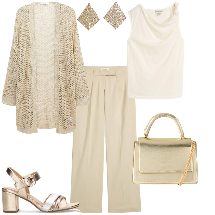 Outfit donna - Total look #2206754. Stile Chic per Serata fuori. Abbinamento con pantaloni, top, borse a tracolla, kimono, orecchini, sandali col tacco.