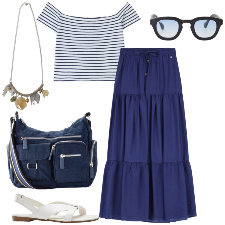 Outfit donna - In vacanza. Stile Boho per Tutti i giorni. Abbinamento con borse a tracolla, sandali, t-shirt, occhiali da sole, gonne lunghe, collane.