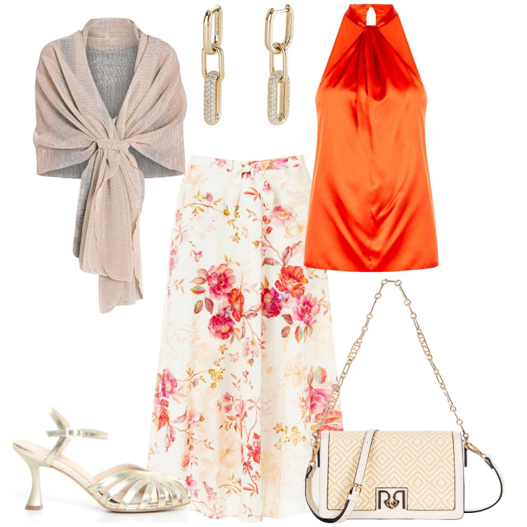 Outfit donna - Total look #2206756. Stile Chic per Serata fuori. Abbinamento con orecchini, stole, gonne longuette, top, borse a tracolla, sandali col tacco.