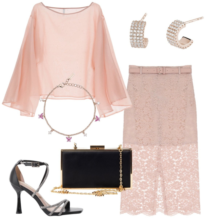 Outfit donna - Cerimonia. Stile Chic per Cerimonia. Abbinamento con orecchini, braccialetti, pochette, bluse, sandali col tacco, gonne longuette.