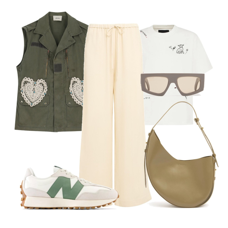 Outfit donna - Total look #2206761. Stile Sporty chic per Tutti i giorni. Abbinamento con sneakers, gilet, t-shirt, occhiali da sole, borse a spalla, pantaloni.
