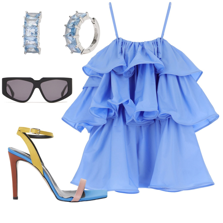 Outfit donna - Al mare. Stile Trendy per Mare. Abbinamento con orecchini, vestiti corti, sandali col tacco, occhiali da sole.