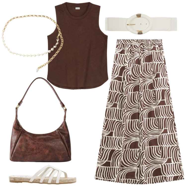 Outfit donna - In vacanza. Stile Casual chic per Tutti i giorni. Abbinamento con ciabatte, borse a mano, cinture, pantaloni, collane, top.
