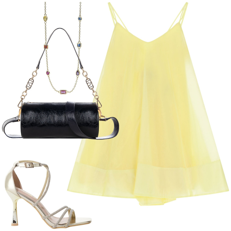 Outfit donna - Serata. Stile Minimal per Serata fuori. Abbinamento con borse a mano, collane, sandali col tacco, vestiti corti.