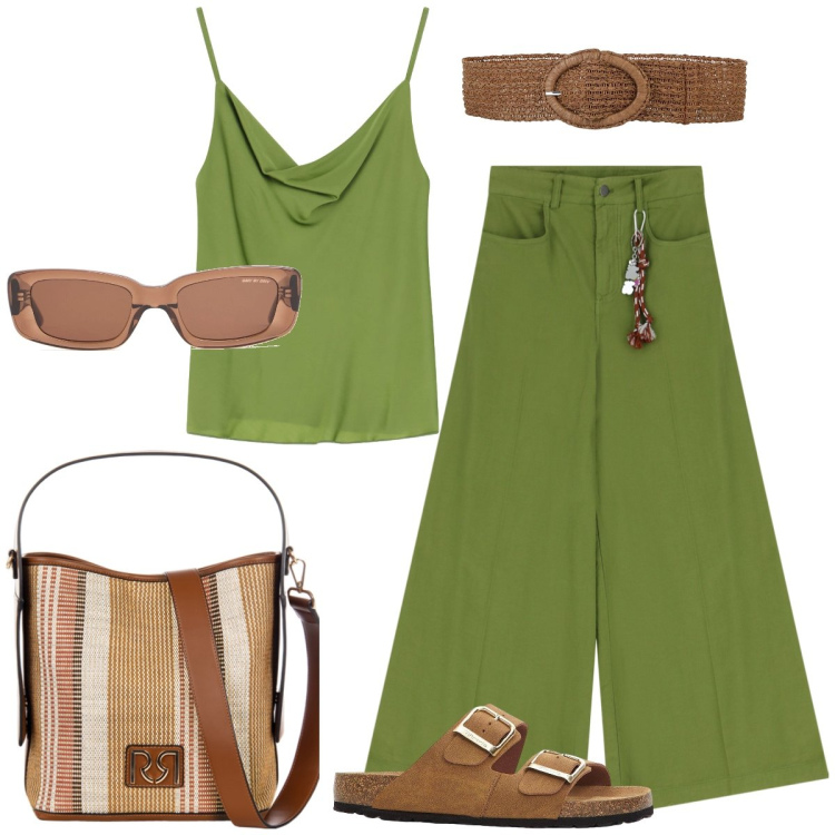 Outfit donna - In verde. Stile Casual per Tutti i giorni. Abbinamento con cinture, ciabatte, borse a secchiello, pantaloni, top, occhiali da sole.