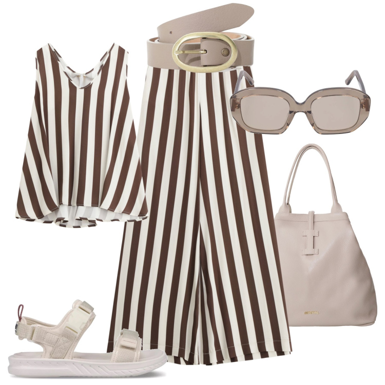 Outfit donna - Fresca Imperial a righe. Stile Urban per Tutti i giorni. Abbinamento con sandali, pantaloni, top, borse tote, cinture, occhiali da sole.
