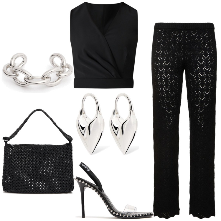 Outfit donna - Serata fuori. Stile Rock per Serata fuori. Abbinamento con top, pantaloni, borse a spalla, braccialetti, sandali in pelle, orecchini.