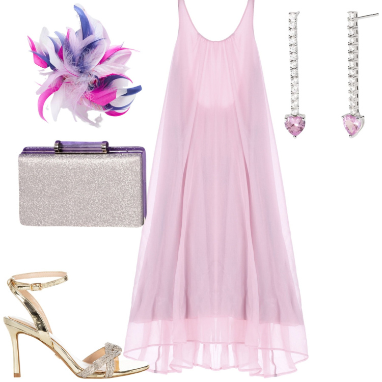 Outfit donna - Cerimonia. Stile Romantica per Cerimonia. Abbinamento con orecchini, sandali col tacco, pochette, vestiti lunghi, accessori per capelli.
