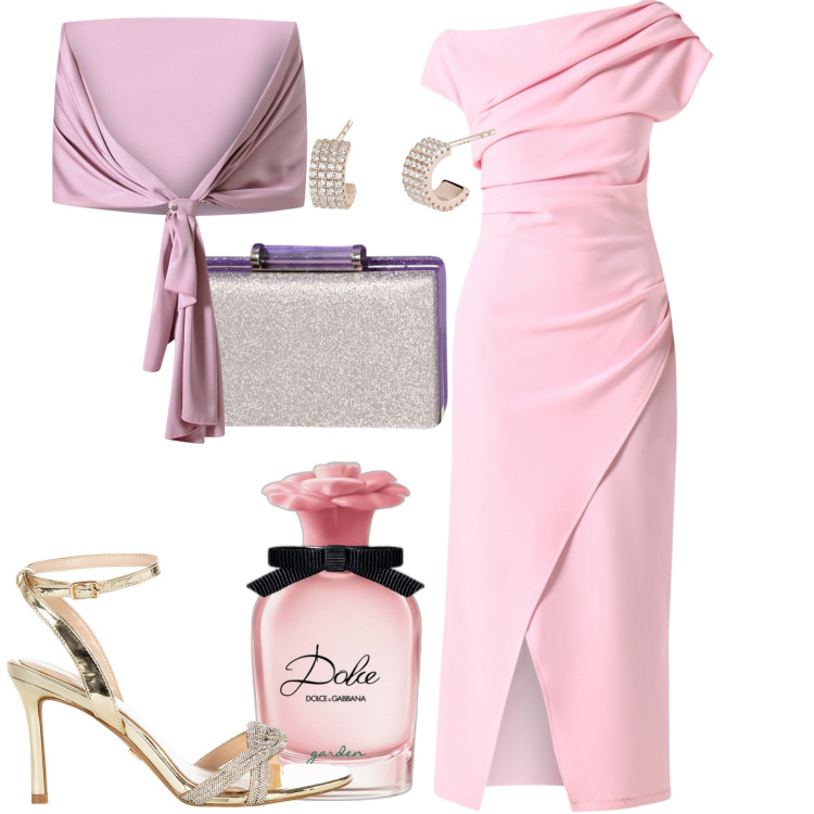 Outfit donna - Cerimonia. Stile Chic per Cerimonia. Abbinamento con profumi, orecchini, scialli, vestiti asimmetrici, sandali col tacco, pochette.