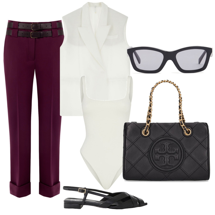 Outfit donna - Riunione a Luglio. Stile Casual chic per Ufficio. Abbinamento con pantaloni, gilet, sandali, borse a spalla, occhiali da sole, body.