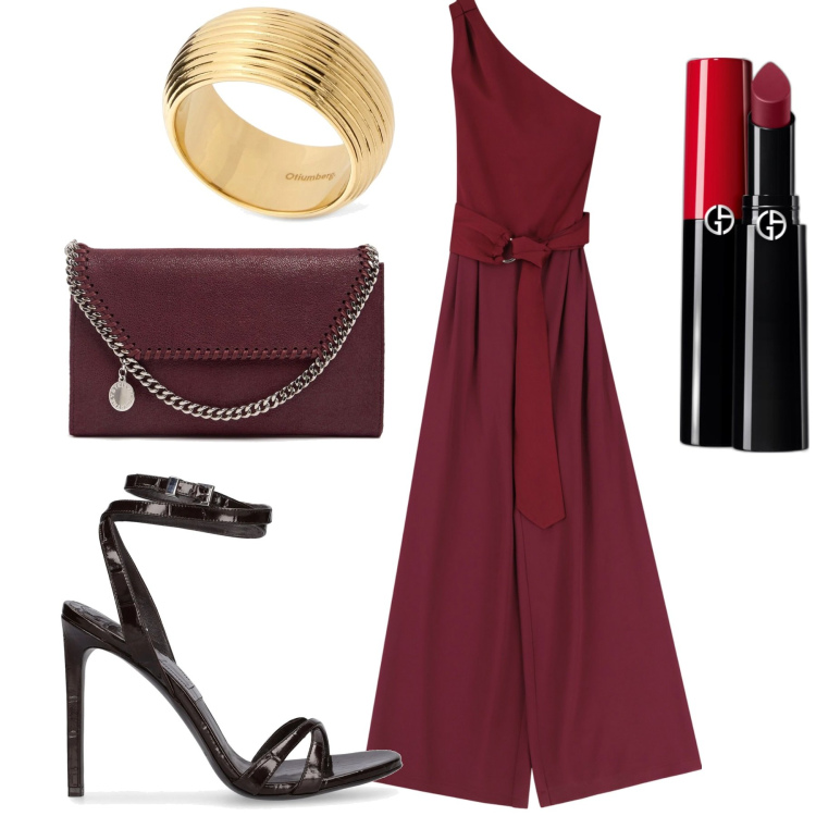 Outfit donna - La jumpsuit elegante. Stile Chic per Serata fuori. Abbinamento con rossetti, tute, sandali in pelle, anelli, pochette.