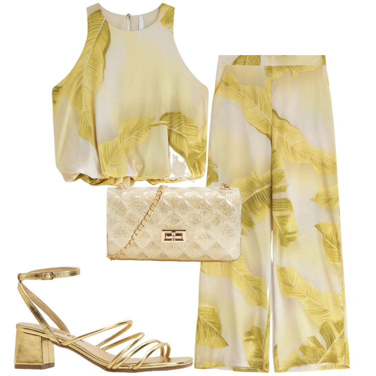 Outfit donna - Serata. Stile Trendy per Serata fuori. Abbinamento con sandali col tacco, borse a tracolla, pantaloni, top.