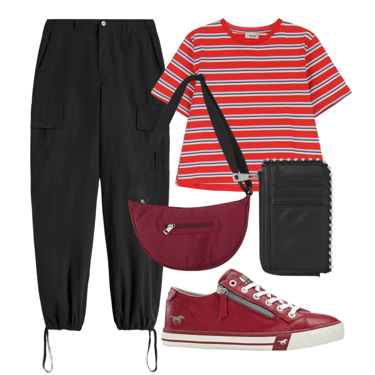 Outfit donna - Total look #2206796. Stile Mannish per Scuola/Università. Abbinamento con sneakers, portafogli, borse a tracolla, pantaloni cargo, t-shirt.