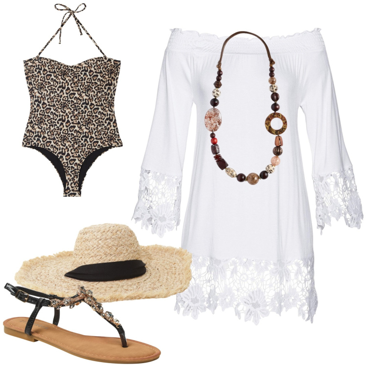 Outfit donna - Al mare. Stile Casual chic per Mare. Abbinamento con tuniche, minigonne, costumi interi, sandali gioiello, cappelli, collane.