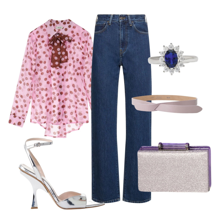 Outfit donna - Total look #2206801. Stile Glamour per Serata fuori. Abbinamento con cinture, camicie, décolleté, anelli, pochette, jeans dritti.