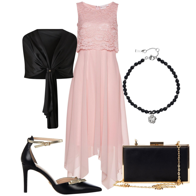 Outfit donna - Total look #2206810. Stile Chic per Cerimonia. Abbinamento con vestiti midi/longuette, braccialetti, scialli, pochette, décolleté.