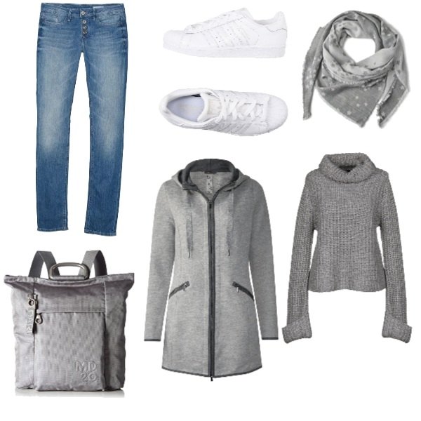 Outfit donna - Basic #368. Stile Basic per Scuola/Università. Abbinamento con sneakers tennis, maglioncino, cappotto melange grigio, borsa a tracolla, jeans in denim blu, sciarpa melange multicolore e grigio.