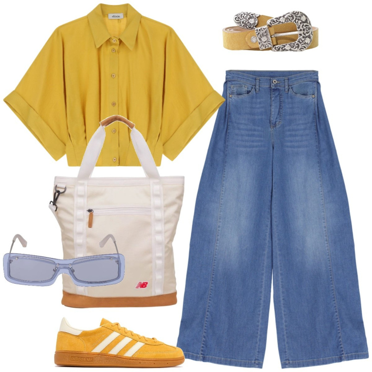 Outfit donna - Dinamica. Stile Sporty chic per Tutti i giorni. Abbinamento con shopping bag, jeans, camicie, cinture, sneakers, occhiali da sole.