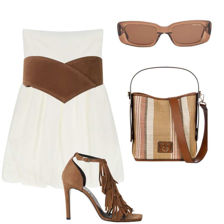 Outfit donna - Panna e Cioccolato. Stile Glamour per Tutti i giorni. Abbinamento con borse a secchiello, vestiti corti, décolleté, cinture, occhiali da sole.