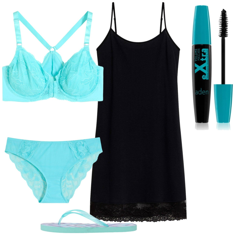 Outfit donna - Dolce notte. Stile Urban per Tutti i giorni. Abbinamento con culotte, reggiseni, camicie da notte, mascara, infradito.